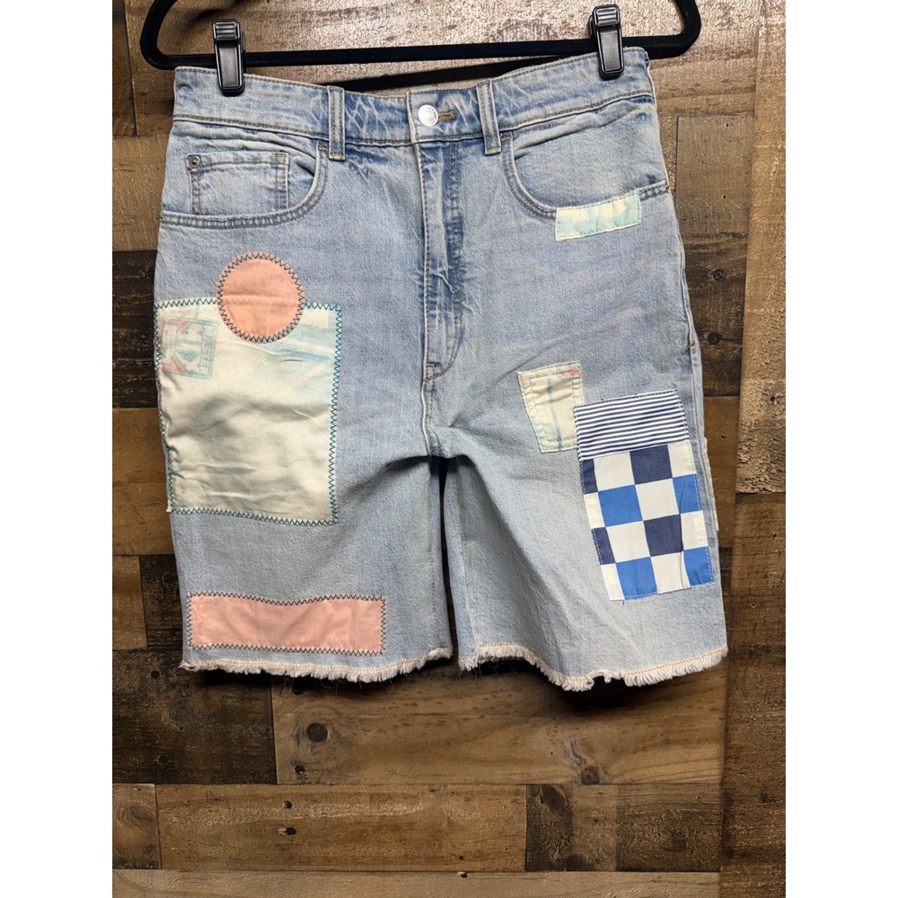 Pilcro Anthropologie Patchwork Bermuda Shorts Light Wash Denim 28